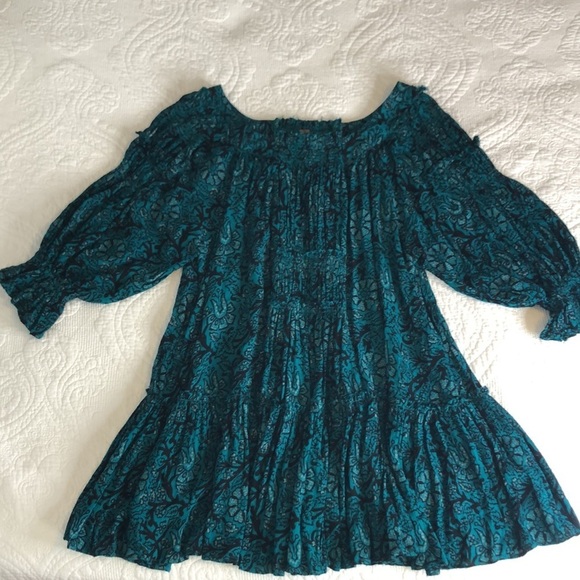 Free People See Ya Later Green Black/Turquoise Smocked Floral Dress Size XS - Picture 7 of 12